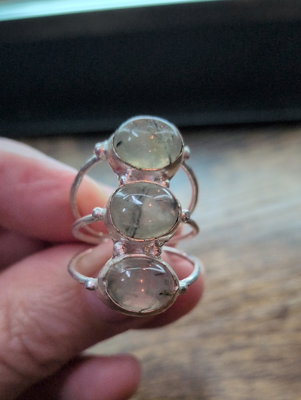 Sterling Silver Triple Green Prehnite Stone Ring